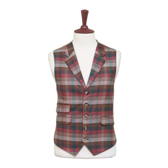 Mens Plaid Vest 44R Red Green Brown Wool Waistcoat XL Western Casual Wedding - Picture 1 of 9